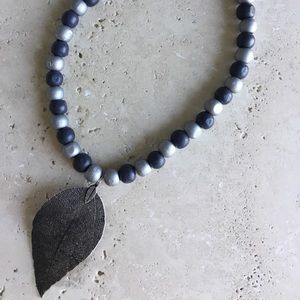 Handmade! Metallic leaf w silver & black beads
